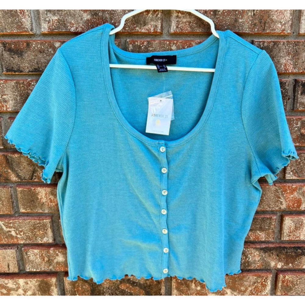 Forever 21 Womens Shirt Crop Top Waffle‎ Lettuce Edge Blue